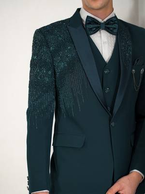 peacock green embroidered tuxedo set for men 4