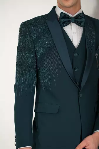 peacock green embroidered tuxedo set for men