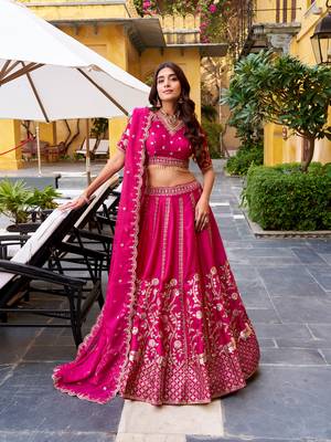 Pink Silk Chaniya Choli with Sequins & Thread Embroidery Work 1