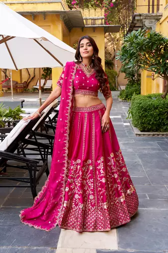 Pink Silk Chaniya Choli with Sequins & Thread Embroidery Work