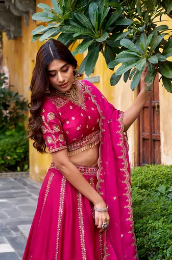 Pink Silk Chaniya Choli with Sequins & Thread Embroidery Work