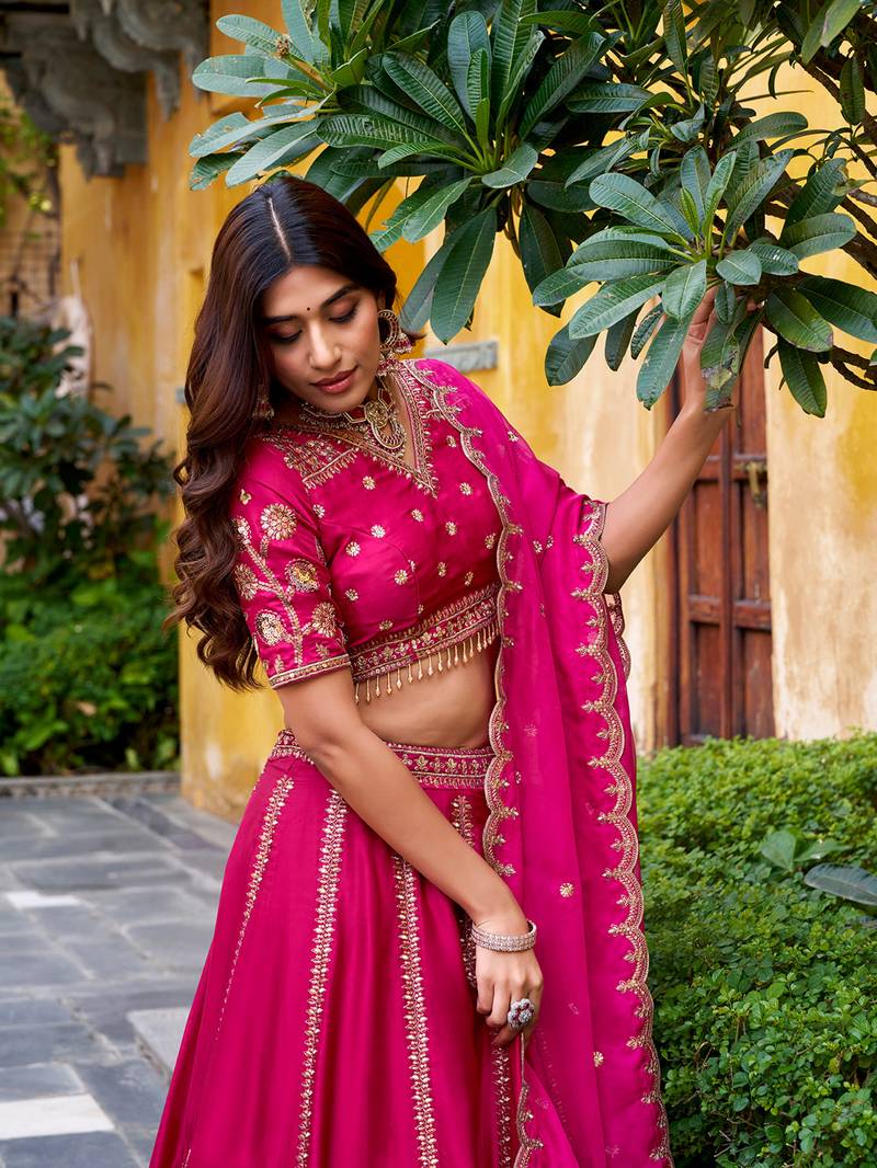 Pink Silk Chaniya Choli with Sequins & Thread Embroidery Work