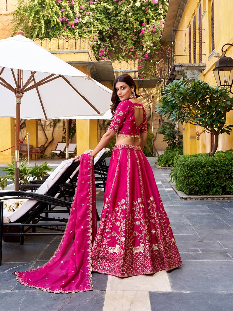 Pink Silk Chaniya Choli with Sequins & Thread Embroidery Work