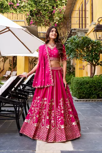 Pink Silk Chaniya Choli with Sequins & Thread Embroidery Work