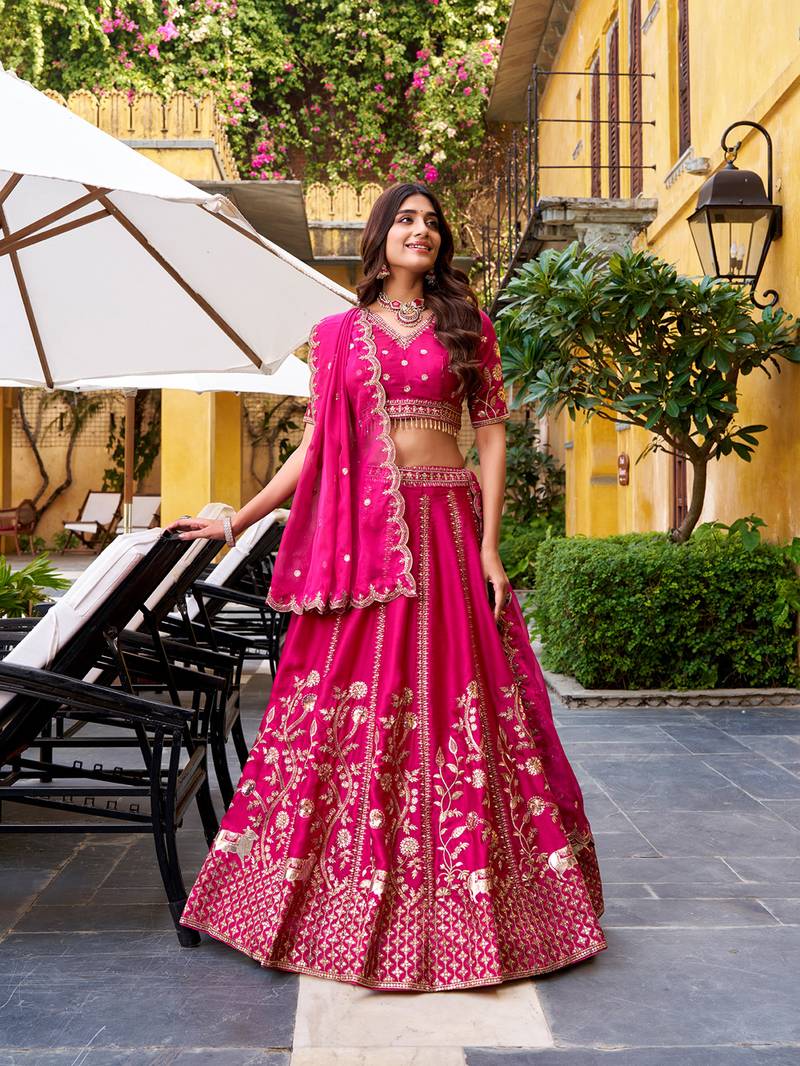 Pink Silk Chaniya Choli with Sequins & Thread Embroidery Work