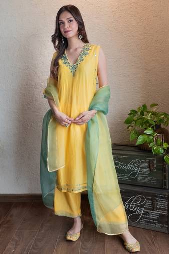 Yellow chanderi mirrorwork embroidered kurta set with dupatta