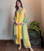 Yellow chanderi mirrorwork embroidered kurta set with dupatta