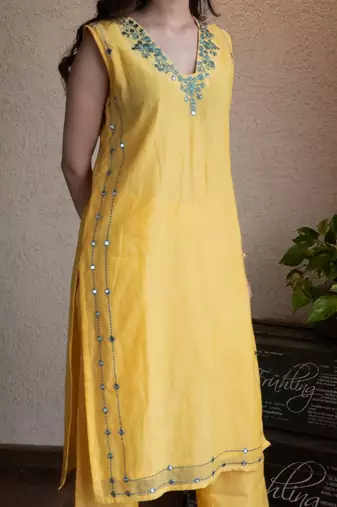 Yellow chanderi mirrorwork embroidered kurta set with dupatta