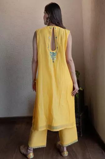 Yellow chanderi mirrorwork embroidered kurta set with dupatta