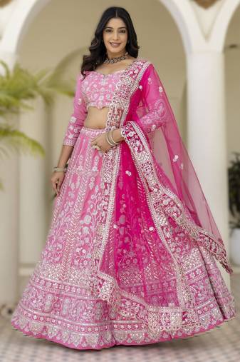 Pink Embroidered crepe Lehenga set with Choli and dupatta