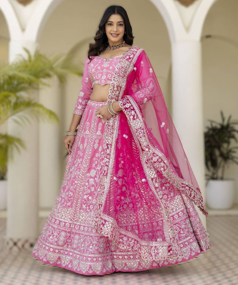 Pink Embroidered crepe Lehenga set with Choli and dupatta