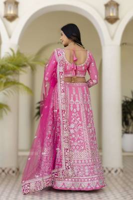 Pink Embroidered crepe Lehenga set with Choli and dupatta 2