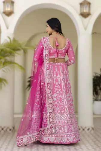 Pink Embroidered crepe Lehenga set with Choli and dupatta
