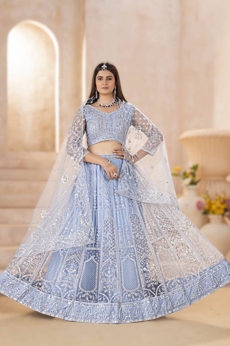 SKY BLUE Net Embroidered Lehenga set with Choli and dupatta