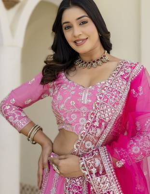 Pink Embroidered crepe Lehenga set with Choli and dupatta 3