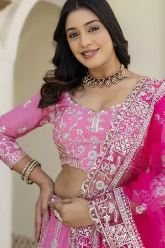Pink Embroidered crepe Lehenga set with Choli and dupatta