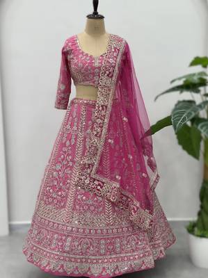 Pink Embroidered crepe Lehenga set with Choli and dupatta 4