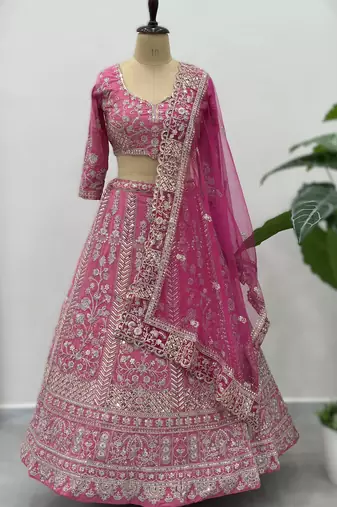 Pink Embroidered crepe Lehenga set with Choli and dupatta