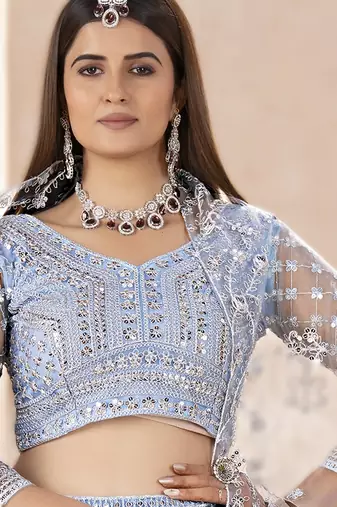 SKY BLUE Net Embroidered Lehenga set with Choli and dupatta