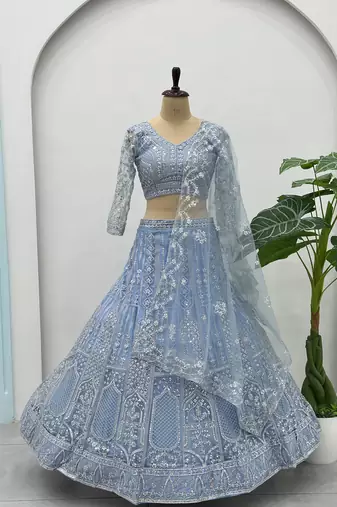 SKY BLUE Net Embroidered Lehenga set with Choli and dupatta