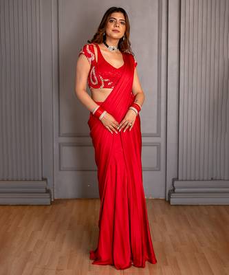Red embroidered satin saree 2