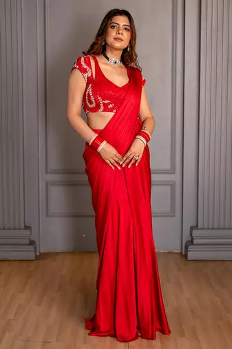Red embroidered satin saree