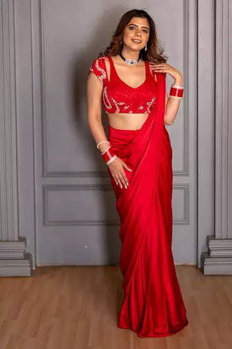 Red embroidered satin saree