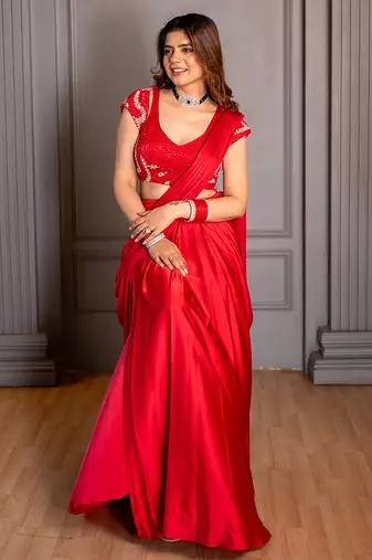 Red embroidered satin saree