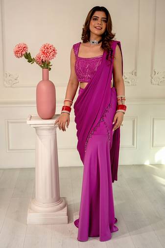 Magenta embroidered satin saree