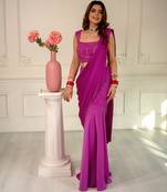 Magenta embroidered satin saree