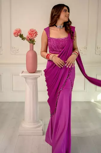 Magenta embroidered satin saree