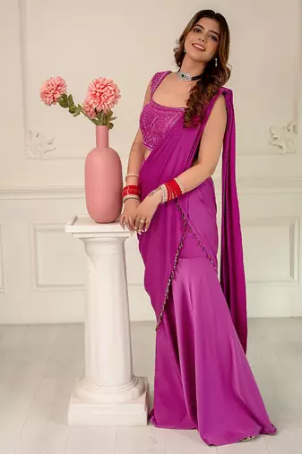 Magenta embroidered satin saree