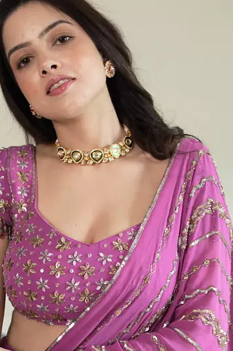 Magenta embroidered georgette saree