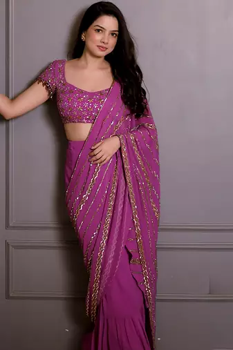 Magenta embroidered georgette saree