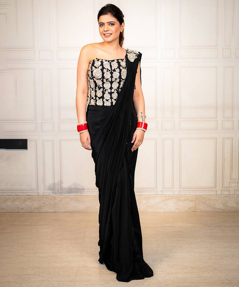 Black embroidered crepe saree