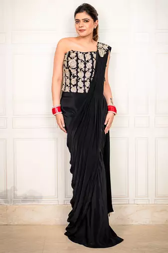 Black embroidered crepe saree