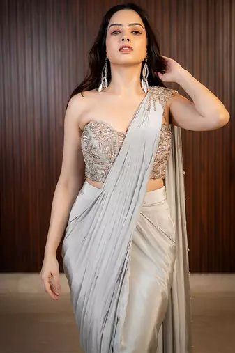 Silver embroidered crepe saree
