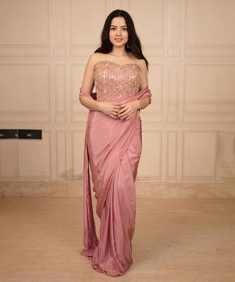 Pink embroidered crepe saree 1