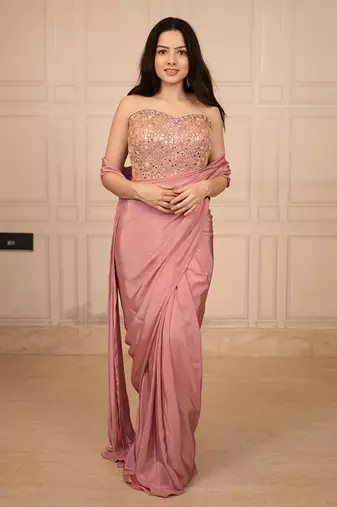 Pink embroidered crepe saree