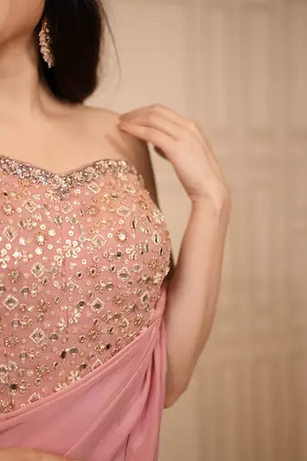 Pink embroidered crepe saree