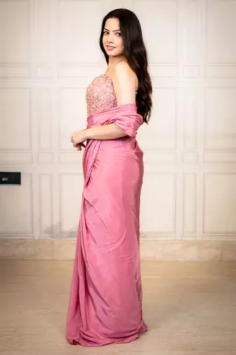 Pink embroidered crepe saree