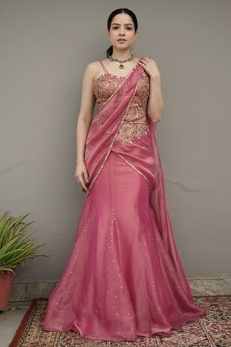 Pink embroidered tissue saree