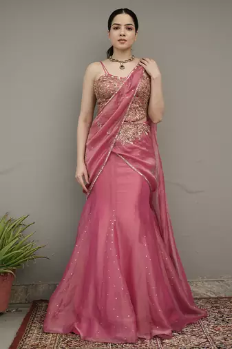 Pink embroidered tissue saree