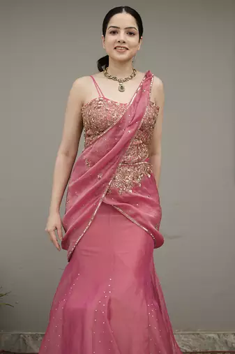 Pink embroidered tissue saree