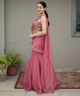 Pink embroidered tissue saree 3
