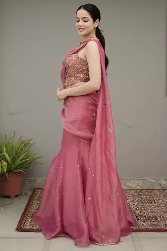 Pink embroidered tissue saree