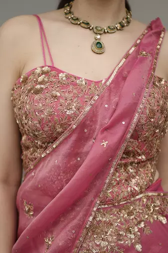Pink embroidered tissue saree