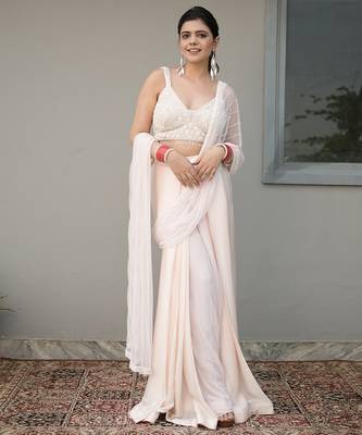 White embroidered georgette saree 1