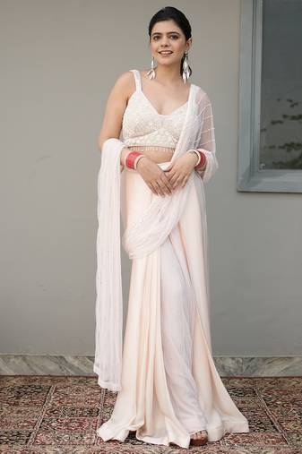 White embroidered georgette saree