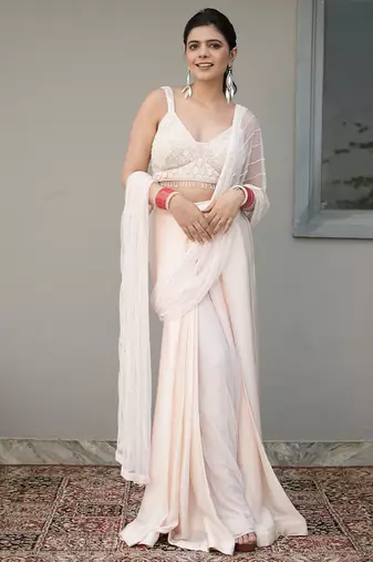 White embroidered georgette saree